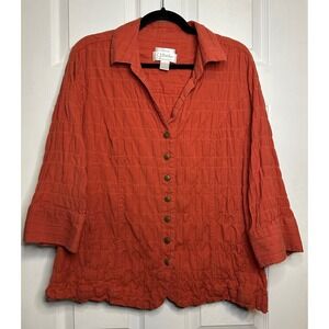 CJ Banks Orange Crinkle-Textured 3/4 Sleeve Button Up Shirt Size 2X